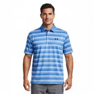 Under Armour Striped Polo Shirt Blue HeatGear Golf Collared - Size Large